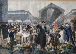 Puesto de sopa en el mercado de Les Halles por la mañana, ilustración de 
