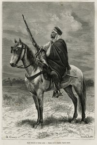 Spahi, jinete eficiente y temido que contribuye a la conquista de Argelia, al servicio de Francia, destacado en la oficina árabe, grabado según un dibujo de H.Charles, para ilustrar la historia Tebessa y sus monumentos (Argelia), por A. Heron de Villefosse de French School
