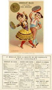 Niños españoles bailando con panderetas hechas de pesetas, de una serie de tarjetas promocionales sobre monedas en diferentes países, publicada en París por Vieillemard para uso de Chocolat Ibled, 1886-95