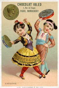 Niños españoles bailando con panderetas hechas de pesetas, de una serie de tarjetas promocionales sobre monedas en diferentes países, publicada en París por Vieillemard para uso de Chocolat Ibled, 1886-95