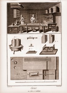 Fábrica de cera española - taller donde se pule la cera - “La Gran Enciclopedia, o Diccionario Razonado de las Ciencias, las Artes y los Oficios” (Enciclopedia o Diccionario de las Ciencias, las Artes y los Oficios) por Denis Diderot (1713-1784) y Jean d