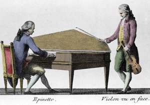 Tocador de espineta y violín. Grabado de finales del siglo XVIII. de French School
