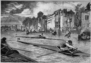 Competencia deportiva: carrera de canoas (outrigger) en el Támesis. Inglaterra de French School