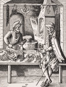 Fabricante de espuelas, reproducción de un grabado en madera de Jost Amman de 