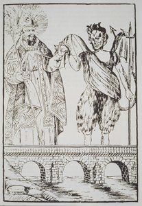 San Cado y el Diablo, copia de una impresión popular francesa, ilustrado en una historia de la magia publicado a finales del siglo XIX de French School