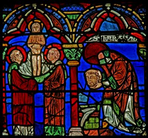 Ventana de San Cheron: lleva su cabeza a la fuente de San Mesme; su alma asciende de French School