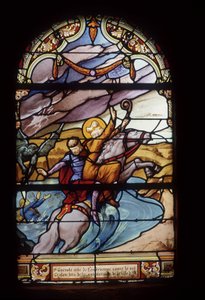 San Guénolé, Abad de Landévennec, salva al Rey Gralon durante la inundación de la ciudad de Ys - vitrales de la iglesia de San Germán en Kerlaz de French School