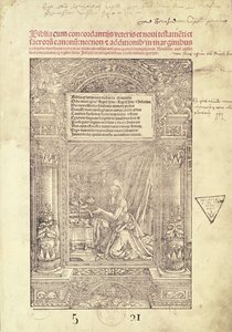 San Jerónimo en su estudio, página de título de una Biblia, impresa por J. Marion, Lyon, 1521