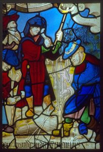 Vidriera, los profetas tallando la vid (tema de la prensa mística alrededor de 1540)