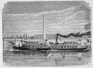 Barco de vapor (con ruedas) destinado al servicio de ómnibus en el Sena en París durante la Exposición Universal de 1867 de French School