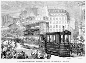 Remolcador de vapor para coches de tranvía experimentados en París, desde la estación de Montparnasse hasta la Bastilla - en "Las nuevas conquistas de la ciencia" de Louis Figuier