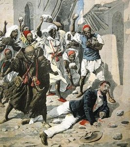 Lapidación del Doctor Emile Mauchamp en Marrakech, ilustración de portada de Le Petit Journal, 7 de abril, 1907