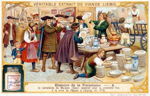 Historia de la porcelana nº 4: La porcelana de Meissen (Sajonia) apareció por primera vez en la Feria de Pascua de Leipzig en 1710. Cromolitografía de Liebig de French School