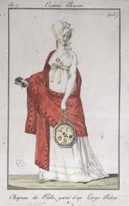 Sombrero de paja con cinta, lámina de moda de Costumes Parisiens, 1799 de French School