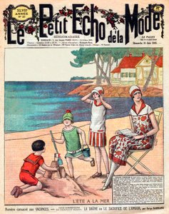 Verano en el mar, mujer con sus tres hijos en la playa