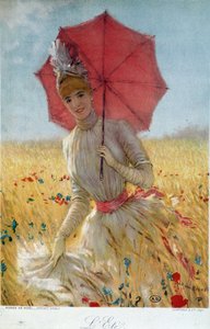 Verano: joven con sombrilla en un campo de trigo - dibujo, finales del siglo XIX de French School