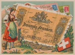 Chica suiza con traje tradicional y billete de 20 francos de French School