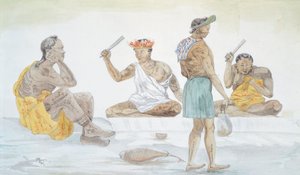 Golpeadores de tela tahitiana, por LF Lejeune del Viaje de Louis I Duperrey (1822-1825), Polinesia siglo XIX Acuarela de French School
