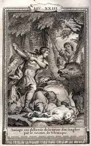 Telémaco libera a Antíope de un jabalí - grabado de 1798 por Monnet en “Les Aventures de Télémaque, fils d
