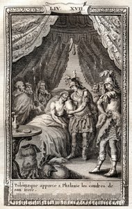 Telémaco cuida las heridas de Falante y le lleva las cenizas de su hermano - grabado de 1798 después de Monnet en “Les Aventures de Telemaque, fils d