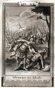 Telémaco mata a Adraste - grabado de 1798 por Monnet en “Las Aventuras de Telémaco, hijo de Ulises” por François de Salignac de La Mothe-Fénelon llamado Fénelon - de French School