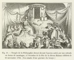 Templo de la Filosofía erigido frente al antiguo altar, sobre un estrado en forma de montaña, con motivo de la fiesta de la diosa Razón celebrada el 20 de noviembre de 1793, Facsímil de una grabado de la época de French School