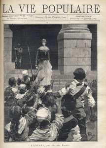 Terror durante la Revolución Francesa (1793): una joven desciende los escalones de un tribunal revolucionario frente a una multitud enfurecida que la amenaza. Ilustración para “El niño” por Anatole France (1844-1924). Grabado de 1891 en “La vie populaire” de French School