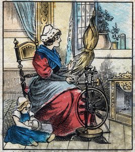 Textil, lino. Una mujer usa una rueca mecánica para hilar lino. Grabado. Imagen de Épinal de finales del siglo XIX. de French School