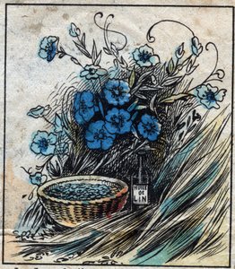Textil, lino. Flor de lino (azul), tallo compuesto de paja y filamentos para hacer hilo de lino. Semilla usada en medicina y de la cual se extrae aceite para la industria. Grabado. Imágenes de Épinal finales del siglo XIX. de French School
