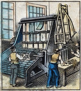 Textil, lino: el taller. Peine para quitar y alisar el hilo de lino que será transformado por el dibujo en cintas cada vez más finas. Grabado. Imagen de Épinal de finales del siglo XIX.