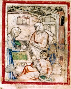 Tamar da a luz a dos gemelos, Perets y Zerah, hijos de Judá, Miniatura del códice 212 (o códice padovano o Biblia de Padua) 1390-1400
