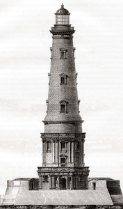 El faro de Cordouan del siglo XVII, cerca de la desembocadura del estuario de Gironda en Francia, visto aquí después de su extensión en el siglo XVIII, de Las Maravillas de la Ciencia, publicado c.1870 (grabado)