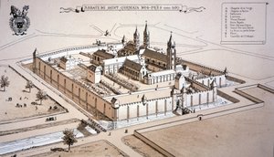La abadía de Saint-Germain-des-Prés hacia 1520 (grabado en color)