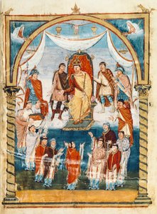 El abad Vivian rodeado de monjes de San Martín de Tours presentando el libro a Carlos II el Calvo, siglo IX (miniatura)