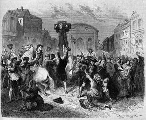 El escritor inglés Daniel Defoe (1660-1731) fue expuesto en la picota en 1703 por escribir contra la intolerancia de la iglesia anglicana. Grabado de 1870. de French School