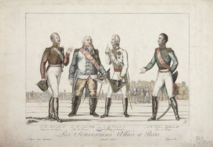 Los soberanos aliados en París, 1815, Alejandro I, emperador de Rusia, Luis XVIII, rey de Francia, Francisco I, emperador de Austria y Federico Guillermo III, rey de Prusia, publicado por Martinet, 1815 de French School