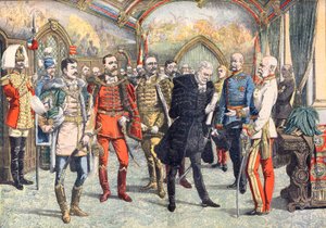 La crisis austrohúngara. El Emperador Francisco José I recibiendo a los barones húngaros pidiendo sufragio universal en Hungría. Ilustración para Le Petit Journal de French School