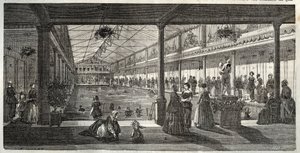 Los baños en el Hotel Lambert, Ile Saint-Louis, París, mediados del siglo XIX - Hotel Lambert, Ile Saint-Louis, escuela de natación para damas - Bain Lambert - Grabado en "Tableau-de-Paris" por Edmond Texier 1852