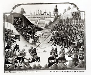La batalla de Fromigny, 14 de abril de 1450, ms Fr 2691 fol. 183, de Chronique de Charles VII por Jean Chartier