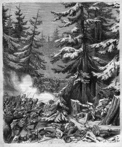 La Batalla de Hohenlinden (cerca de Múnich, Alemania) el 12 de Frimaire, IX (3 de diciembre de 1800) entre las tropas francesas del General Jean Victor (Jean-Victor) Moreau y las fuerzas austriacas y bávaras comandadas por el Archiduque Jean-Baptiste (Jean de French School