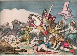 La Batalla de Tolbiac, la victoria de Clovis (466-511) sobre los Alamanes (496) - Clovis I (466-511) en la Batalla de Tolbiac, 496 d.C. - Grabado de finales del siglo XIX en "Nos Gires Nationales - Imágenes y relatos" de French School