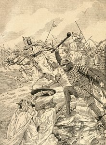 La batalla de Tours, también conocida como la batalla de Poitiers, 732. De la Agenda Buvard du Bon Marche publicada en 1917. de French School