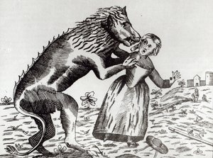 La Bestia de Gévaudan atacando a una joven de French School