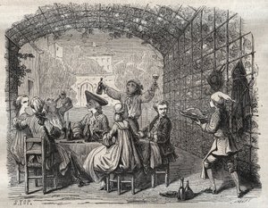 El bandido Louis Dominique Garthausen llamado Cartouche (1693-1721) durante una comida con sus compañeros - Bandido francés Louis Dominique Garthausen alias Cartouche (1693-1721) durante una comida con cómplices - Grabado en “Causes célèbres de tous les pe de French School