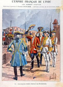 La rendición británica de Madrás al comandante francés Mahe de la Bourdonnais, 21 de septiembre de 1746, portada de cuaderno escolar, c.1900 de French School