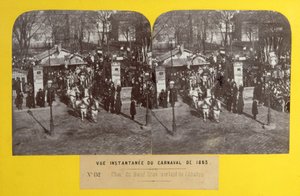 El Carnaval de 1863 en París, la carroza del buey gordo saliendo del matadero, vista estereoscópica, 1863 de French School