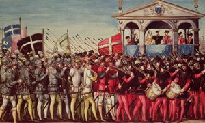 El cortejo de tambores y soldados en el Festival de Entrada Real de Enrique II en Rouen, 1 de octubre de 1550 de French School