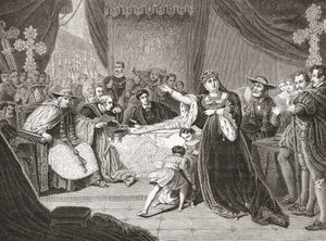 El Tribunal para el Juicio de la Reina Catalina por George Henry Harlow, representando a la Sra. Siddons como la Reina Catalina en Enrique VIII de Shakespeare. De Histoire des Peintres, École Anglaise, publicado en 1867 (litografía) de French School