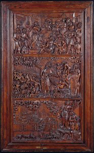 El Credo, Panel IV: La Remisión de los Pecados, Visión de los Huesos Secos de Ezequiel y Visión de Jerusalén de San Juan, 1587 (madera)