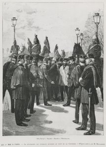 La delegación de los sindicatos en el Puente de la Concordia durante la manifestación del 1 de mayo en París, 1 de mayo de 1890, grabado por L. Moulignie de French School